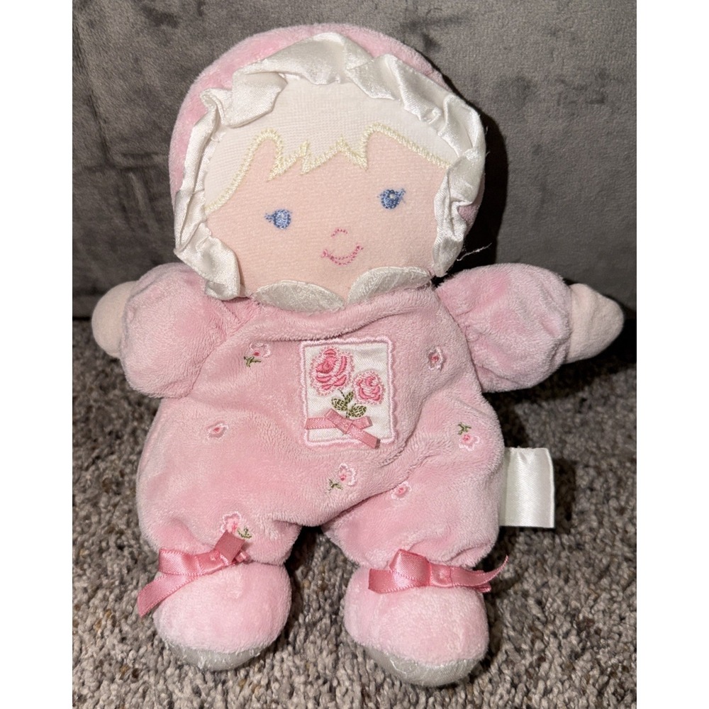 Carter's Plush Baby Doll Toy Rattle Blonde Hair Satin Bonnet Roses Rosebud